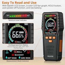 Load image into Gallery viewer, Proster Pinless Wood Moisture Meter - Non Destructive Moisture Tester for Wood Wallboard Masonry, Detect up to 3/4 Inch Below Surface, Backlit Color LCD, Visual Audible Alarm
