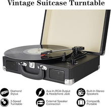 Load image into Gallery viewer, Vinyl Record Player, 3 Speeds Belt Driven Suitcase Portable Turntable for Vinyl Records with Built-in Speakers/RCA Output/Aux in/Headphone Jack/ 45 Adapter Black

