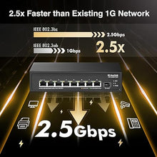 Load image into Gallery viewer, MokerLink 8 Port 2.5G PoE Switch with 10G SFP+ Slot, 8 x 2.5G Base-T Ports Compatible with 10/100/1000Mbps, IEEE8023af/at PoE 135W, Metal Unmanaged Fanless Small Network Switch
