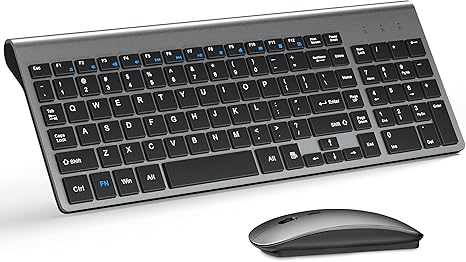 Wireless Keyboard and Mouse Ultra Slim Combo, TopMate 2.4G Silent Compact USB 2400DPI Mouse and Scissor Switch Keyboard Set with Cover, 2 AA and 2 AAA Batteries, for PC/Laptop/Windows/Mac - Gray Black