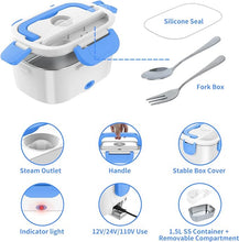 Load image into Gallery viewer, Electric Lunch Box, Food Warmer Heater 12V 24V 110V, 80W Faster Heated Lunch Box for Car/Truck/Home Portable Heating Boxes with 1.5L 304 SS Container Fork &amp; Spoon, White+Blue
