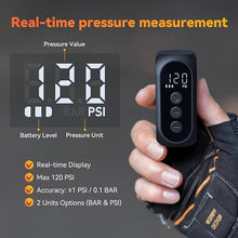 Load image into Gallery viewer, Tiny Pump Rechargeable Electric Bicycle Air Pump, Max 120 PSI,Mini Bike Tire Pump Auto Stop, with Presta and Schrader Valve for E-Bike, Mountain Bike, City Bike and Road Bike
