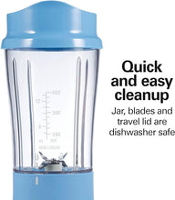 Load image into Gallery viewer, Hamilton Beach Portable Blender for Shakes and Smoothies with 14 Oz BPA Free Travel Cup and Lid, Durable Stainless Steel Blades for Powerful Blending Performance, Tranquil Blue (51172)
