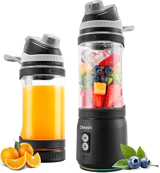 Portable Blender, Anti-Jamming 300 Watt for Shakes and Smoothies, 24oz Travel Blender USB Rechargeable, BPA Free Sporty bottle with a Travel Lid. (Black Base Grey Lid)