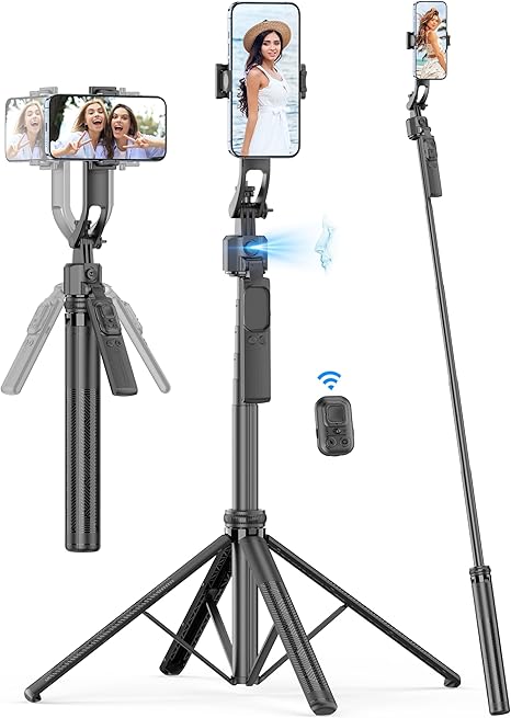 64'' Auto Face Tracking Tripod 360 Rotation with Stand, Handheld Stabilization, Aluminum Quadrapod Selfie Stick Phone Tripod with Remote Compatible with iPhone, Android for TikTok, Live Streaming