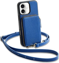 Load image into Gallery viewer, ZVE for iPhone 16 Wallet Case, Leather Zipper Wallet Case Protective Handbag Flip Phone Cover with Crossbody Wrist Strap for iPhone 16 6.1&quot; Navy Blue
