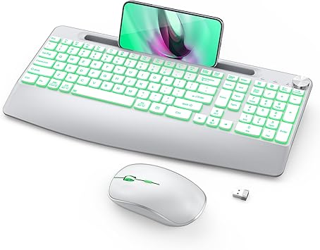 JOYACCESS Wirless Keyboard and Mouse, Ergonomic Wireless Backlit Keybaord with Phone Holder,Rechargeable Wireless Keyboard Mouse Combo with Light Up Keys for for Laptop, PC, Mac, Windows-Silver