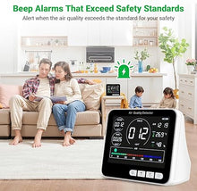 Load image into Gallery viewer, 14 in 1 Air Quality Monitor Indoor with Beep Alarm, 6 AQI Air Quality Detector with PM1.0|PM2.5|PM10|HCHO|TVOC|AQI|Temperature|Humidity|Time for Home, Hotel, Office, Car, Battery Powered Air Monitor
