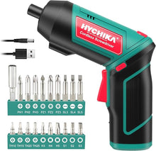 Load image into Gallery viewer, Cordless Screwdriver 6 N.m, HYCHIKA 4V 2000mAh Electric Screwdriver Gun, Adjustable 2 Position Handles, Front LED, DC Charging, 20pcs Accessories
