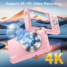 Load image into Gallery viewer, Digital Camera, Autofocus 48MP UHD 4K Vlogging Camera 16X Digital Zoom, Portable Compact Point and Shoot Digital Camera for Teens Adult Beginner with 32GB Card, 2 Batteries, Lanyard(Pink)
