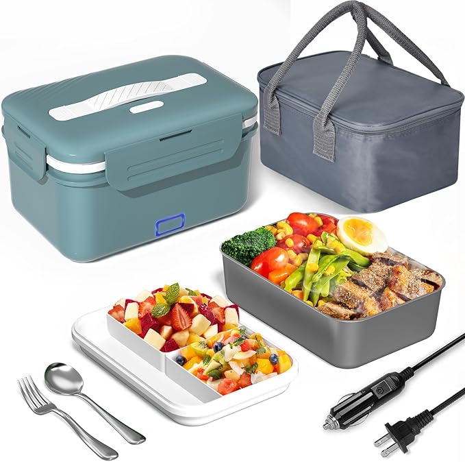 Monteka Electric Lunch Box Food Heater, Upgrade 100W High Power Portable Food Warmer, Heated Lunch Box for Adults Car/Home with 1.8L Removable Stainless Steel Container, 12V/24V/110V/220V, Green