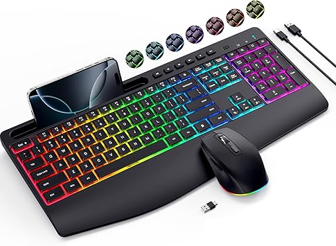 Wireless Keyboard and Mouse Combo- VEILZOR 2.4G Rechargeable Keyboard with Phone Holder, Ergonomic Wrist Rest, 9 RGB Backlit Effects, Silent Keyboard Mouse Set for Windows, Laptop, PC