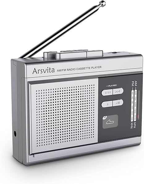 Arsvita Portable Cassette Player and Recorder, Cassette to MP3 Digital Converter, AM/FM Radio Tape Walkman, Support 4-32G Micro SD Card, Build-in Speaker and Microphone, Silver