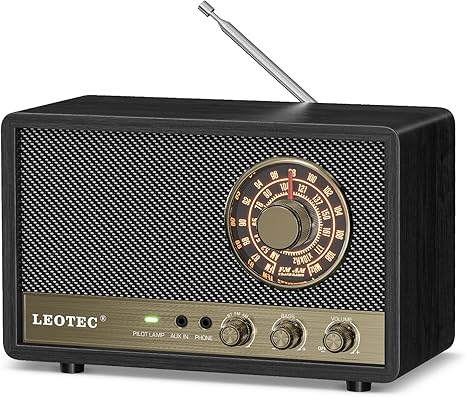 LEOTEC AM FM Radio,Retro Wood Table Radio,Portable Bluetooth Speaker Plug in Wall,Best Reception with AUX,Headphone Jack,Great for Home,Outdoor,Black