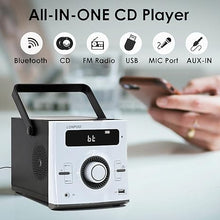 Load image into Gallery viewer, Portable CD Player Boombox 10W x2 | Built-in Rechargeable Battery | FM Radio/Bluetooth/USB/AUX Input | 3.5mm MIC &amp; Headphone Port | Clear Stereo Sound | Remote Control (White)
