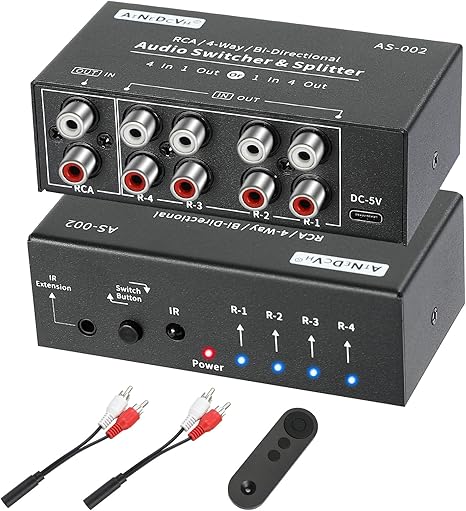 RCA 4-Way Bi-Directional Audio Switcher Splitter, 1 in 4 Out / 4 in 1 Out Stereo L/R Sound Channel Audio Switch Selector Splitter Box with Remote Control for Speakers Headphones Amps (Black)