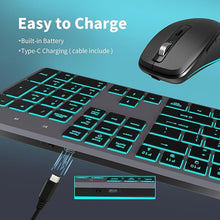 Load image into Gallery viewer, Backlit Wireless Keyboard and Mouse, Rechargeable Quiet Wireless Keyboard Mouse Combo, Jiggle Mouse, 2.4G Cordless USB Keyboard Slim Full Size for Apple iMac, MacBook, laptop and PC, Space Gray
