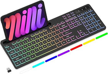 Load image into Gallery viewer, Wireless Keyboard with 7-Color RGB Backlit, Full-Size Computer Keyboard with Phone Tablet Holder, Rechargeable 2.4G Wireless Gaming Keyboard with Light Up Key, Compatible with Mac, Windows
