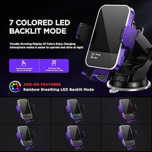 Load image into Gallery viewer, Wireless Car Charger,?7 Colored RGB Backlit?15W Auto Clamping Car Charger Phone Mount Holder for iPhone 16 15 14 13 12 Mini Pro Max 11, Samsung Galaxy S24 Ultra S23 S22 S21+ S10+ Note 20, etc - Purple
