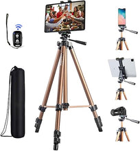 Load image into Gallery viewer, IPad Tripod Stand Universal Tablet Phone Mount Holder 51in Lightweight with Bluetooth Remote for iPad Pro 12.9 11 10.5,iPad Air Mini,Surface Tab,Galaxy Tab and 3.5 to 13.5in iPhone Tablet - Champagne
