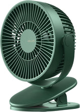Load image into Gallery viewer, JISULIFE Clip on Baby Stroller Fan, 4000mAh Battery Operated Fan, Portable Personal Small Fan, Quiet &amp; Narrow Slot Design, 4 Speeds, Max 14 Hrs, Ideal for Bed, Desk, Car Seat - Dark Green
