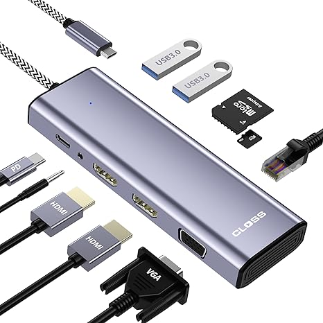 Docking Station Dual Monitor for Dell/HP/Lenovo Laptop, USB C Docking Station 3 Monitor, Dual HDMI Adapter for 2 Monitors, 10 in 1 USB C Hub with 2 HDMI + VGA + Ethernet + 2 USB+SD/TF+100W PD+Audio