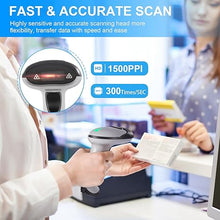 Load image into Gallery viewer, Barcode Scanner with Stand, JRHC Wireless 1D Laser Bar Code Scaners 2.4G Wireless &amp; USB Wired Connection Plug and Play Handheld Bar Code Reader
