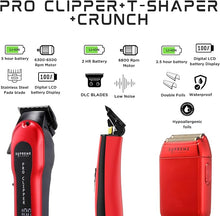 Load image into Gallery viewer, Supreme Trimmer 3-in-1 Barber Bundle | Pro Clipper, DLC T-Shaper Trimmer &amp; Crunch Foil Shaver | Professional Beard Trimmer Men’s Hair Clipper Kit | Red
