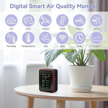 Load image into Gallery viewer, 15-in-1 Air Quality Monitor Indoor CO/CO2/HCHO/TVOC/AQI/PM0.3/PM1.0/PM2.5/PM10/Thermometer/Humidity Monitor/Date and Time/Alarm Clock/Timer/Mobile APP, WiFi, Alerts &amp; Notifications (Balck Red)
