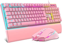 Load image into Gallery viewer, RedThunder K10 Wired Gaming Keyboard and Mouse and Wrist Rest Combo, RGB Backlit, Mechanical Feel Anti-ghosting Keyboard + 7D 7200 DPI Mice+Soft Leather Wrist Rest 3 in 1 PC Gamer Accessories(Pink)
