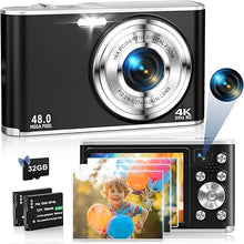 Load image into Gallery viewer, Digital Camera 4K 48MP Autofocus Vlogging Camera with Rear and Front Camera for Photography, 16X Digital Zoom Point and Shoot Cameras with 32GB Card &amp; 2 Batteries Camera for Boys Girls Kids - Black
