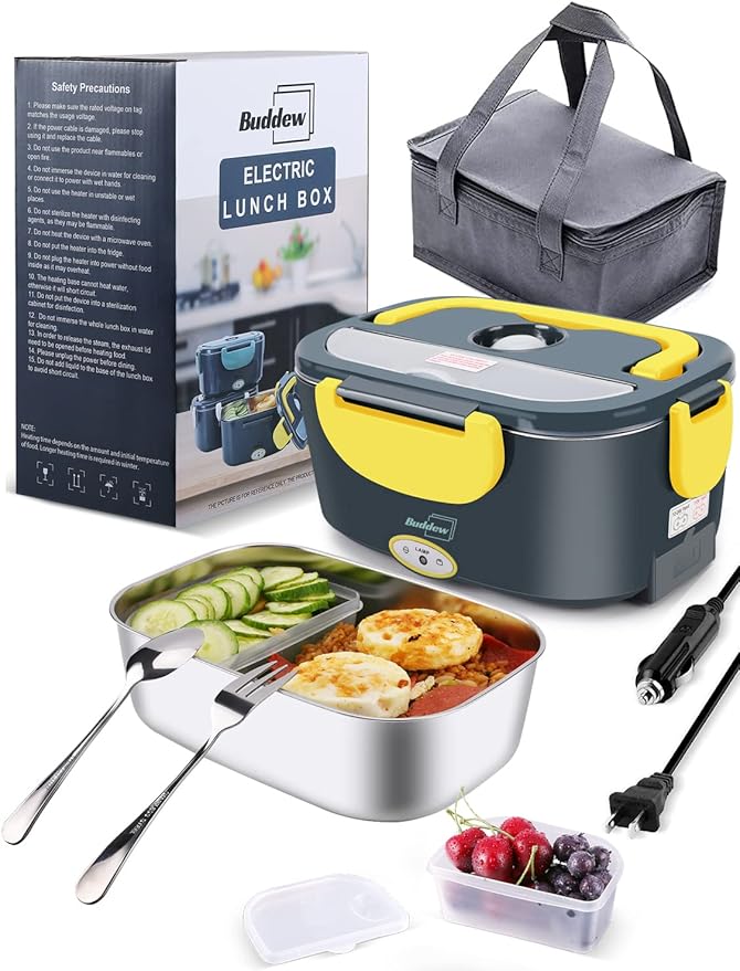 Buddew Electric Lunch Box 80W Food Heater for Adults, 12/24/110V Portable Lunch Warmer Upgraded Heated Lunch Box for Car/Truck/Office with SS Fork&Spoon and Insulated Carry Bag(Yellow)