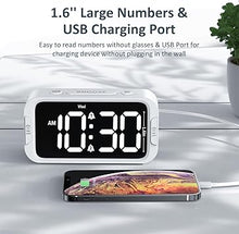 Load image into Gallery viewer, Digital Dual Alarm Clock for Bedroom, Easy to Set, 0-100% Dimmer, USB Charger, 5 Sound Adjustable Volume, Weekday/Weekend Mode, Snooze, 12/24Hr, Battery Backup, Compact Clock for Bedside(White)
