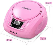 Load image into Gallery viewer, LONPOO Portable Boombox - CD Player, Bluetooth, USB, MP3, AUX, FM Radio, Portable, Built-in Stereo Speakers, Carrying Handle, LCD Display, Pink
