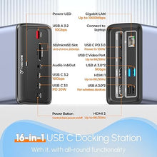 Load image into Gallery viewer, TobenONE USB C Docking Station Dual Monitor 4K/Triple Display, 100W GaN III Charger, 16-in-1 USB C Laptop Dock with USB C Video Port, Dual HDMI, 7 USB, SD/TF, RJ45 for Thunderbolt 4/3, USB-C Windows
