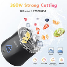 Load image into Gallery viewer, 360W Rechargeable Portable Blender for Shakes and Smoothies, 22oz to go Mini Personal Blender with 6 Stainless Blades, 22000rpm Strong Cutting Small Travel Blender Cup for Home, Kitchen, Gym
