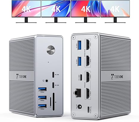 TobenONE DisplayLink Docking Station 4 Monitor with 4 HDMI, 18-in-1 Quad/Triple 4K@60Hz Display Dock with 120W Power Supply for Thunderbolt 5/4/3, USB4, USB-C Windows, MacBook(8 USB, Ethernet, etc)