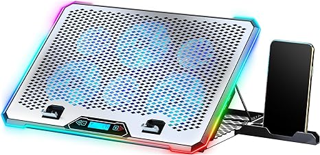 Aluminum Alloy Laptop Cooling Pad?RGB Gaming Laptop Cooler with 6 Quiet Cooling Fans for 15.6-17.3 inch laptops, 9 Height Stand, LCD Screen, 4 USB Ports with 1 3.0HUB 2 2.0HUB, Lap Desk Use