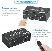 Load image into Gallery viewer, RCA 4-Way Bi-Directional Audio Switcher Splitter, 1 in 4 Out / 4 in 1 Out Stereo L/R Sound Channel Audio Switch Selector Splitter Box with Remote Control for Speakers Headphones Amps (Black)
