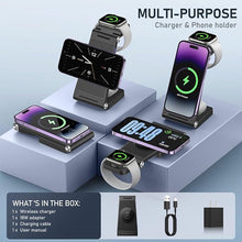 Load image into Gallery viewer, Magnetic Wireless Charger Stand, 3 in 1 Foldable Wireless Charging Station, Travel Charger for Multiple Devices for iPhone 16 15 14 13 12 Series, Apple Watch Ultra/9/8/7/6/5/4/3/2, AirPods
