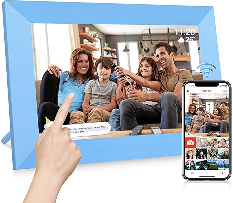 Frameo 10.1 Inch WiFi Digital Picture Frame, 1280x800 HD IPS Touch Screen Digital Photo Frame 32GB Storage,Auto-Rotate,Slideshow Share Videos Photos Remotely Via Frameo App (Blue)