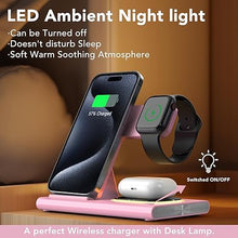 Load image into Gallery viewer, 3 in 1 Foldable Charging Station for Apple Products,Fast Wireless Charger Travel Dock Adapter&amp;Light for iPhone 16/15/14/13/12/11/X/XS,for iWatch 10/9/8/7/Ultra2/Ultra/SE,for AirPods 4/3/2/Pro/2(Pink)
