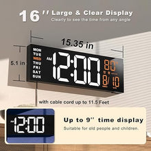 Load image into Gallery viewer, JALL 16&quot; Large Digital Wall Clock Timer, Remote Controll, 2 Alarms, LED Display, 8 RGB Color, Auto DST, Temperature for Living Room, Bedroom, Desk, Mounted, Gift for Elderly (White Orange, 16 inches)
