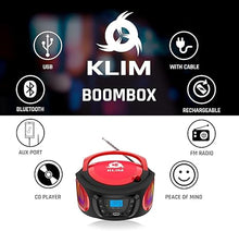 Load image into Gallery viewer, KLIM Boombox Portable Audio System - New 2024 - FM Radio CD Player Bluetooth MP3 USB AUX - Includes Rechargeable Batteries - Wired &amp; Wireless Modes - Compact and Sturdy - Red
