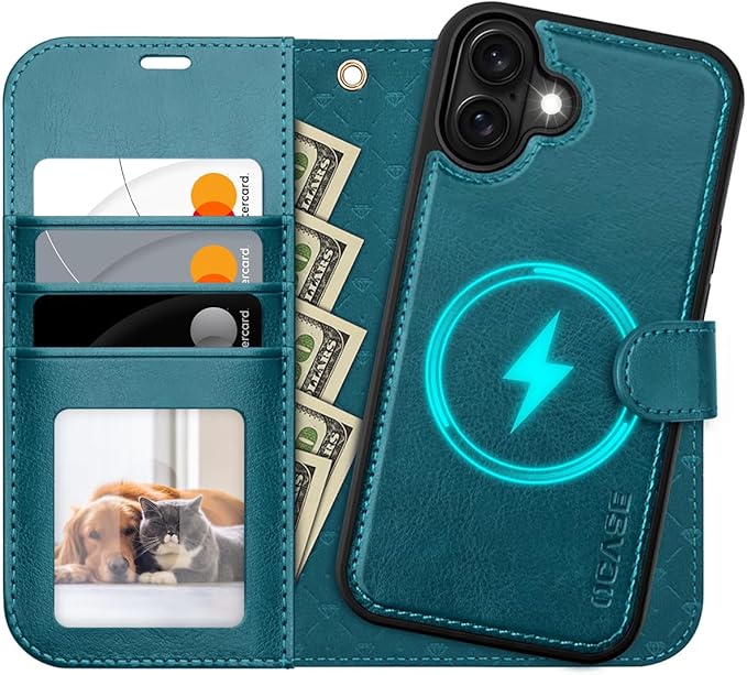 OCASE for iPhone 16 Case Detachable Wallet Case with Card Holder, 2 in 1 Pu Leather Flip Folio with RFID Blocking Stand Wrist Strap Shockproof Phone Cover 6.1 Inch 2024, Peacock Blue