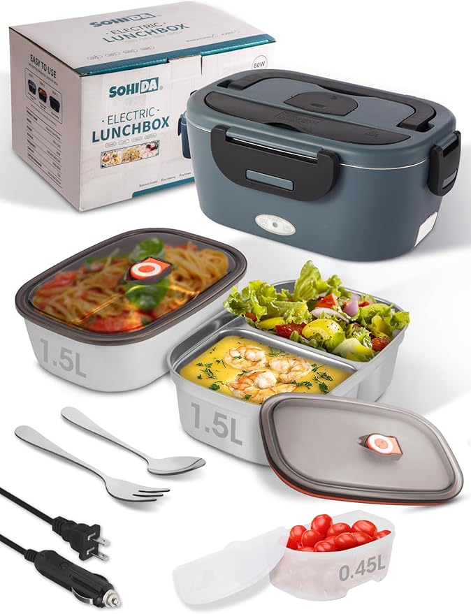 Heated Lunch Box, 80W Electric Lunch Box with Dual-compartment Container and Lid, 12V/24V/110V Food Warmer with Utensils and Insulated Bag for Car/Truck/Office (Black)