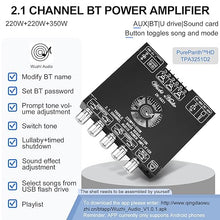 Load image into Gallery viewer, Bluetooth Power Amplifier Board Stereo - HiFi 2.1 Channel 2X220W+350W Bluetooth 5.1 12-38V Digital Power Audio Amplifier Module Subwoofer Control with AUX/Bluetooth/USB Flash Drive (ZK-AS21)
