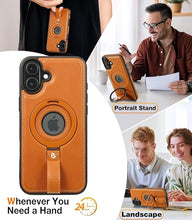 Load image into Gallery viewer, Capture Grip Strap Magnetic Stand for iPhone 16 Plus Case with Screen Protector, Protective iPhone 16 Plus Case Leather, Compatible with MagSafe, Built-in Kickstand,for Men Women, Brown
