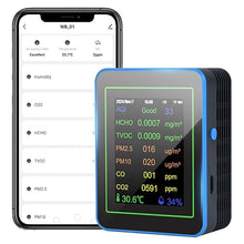 Load image into Gallery viewer, Air Quality Monitor,15-in-1 Smart Air Quality Tester with PM2.5/PM10,CO2,CO,TVOC,HCHO,AQI,Temperature &amp; Humidity, Timer, Real Time Display, Battery Powered, Air Quality Meter for Home&amp;Office
