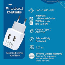 Load image into Gallery viewer, Ceptics Europe Travel Adapter Plug Set Schuko - with 2 USB + USA Socket Input - Type E/F and Type C - Ultra Compact - Safe Grounded Perfect for Cell Phones, Laptops, Camera Chargers (CTU-9-9C-PK)
